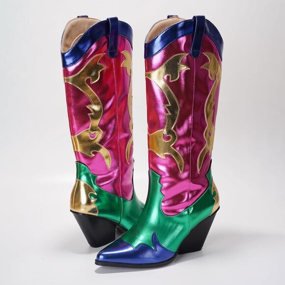 Women's Multicolor Metallic Mid Calf Western Pointed Toe Comfortable Heel Boots - Picture 4 of 6